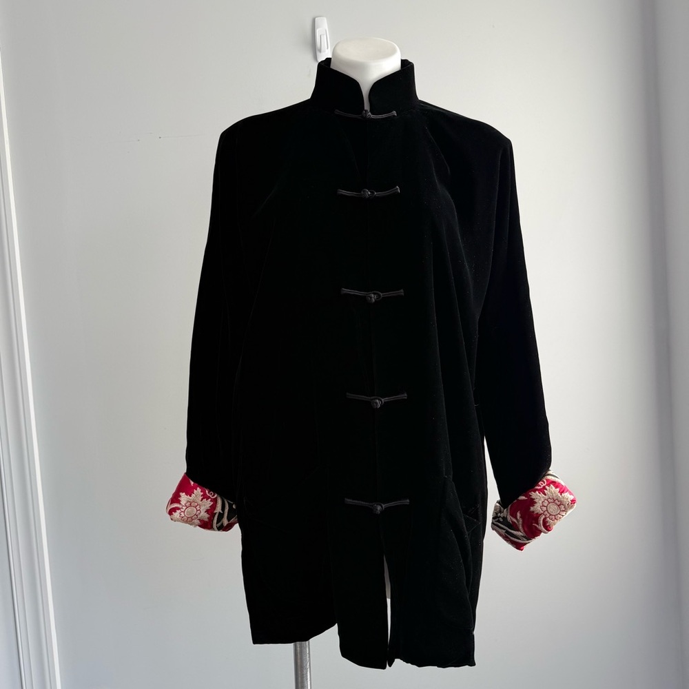 Shanghai Tang Black Velvet Chinese Mandarin Jacket Silk Embroidered Lining US 14 - Picture 7 of 16